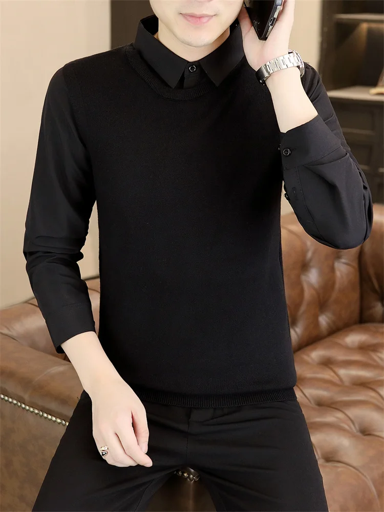 

Мужской вязаный свитер, искусственный двухсекционный воротник, базовый слой, внутренняя одежда, весна-осень, элитный модный брендовый повседневный трикотаж