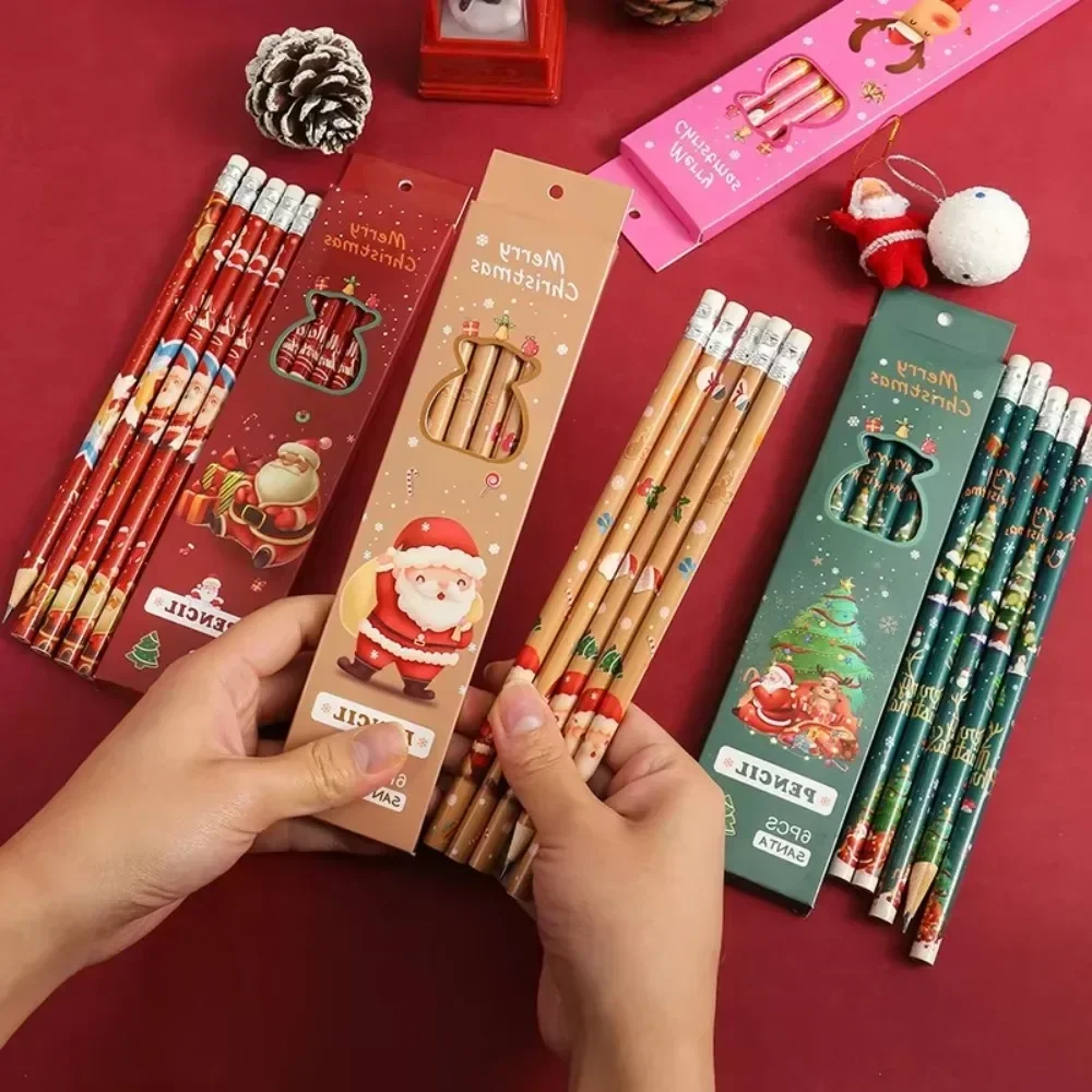 Christmas Boxed HB Wooden Pencils 6Pcs With Eraser Student Writing Drawing Sketching Pen Set Kids Xmas Party Favor Stationery