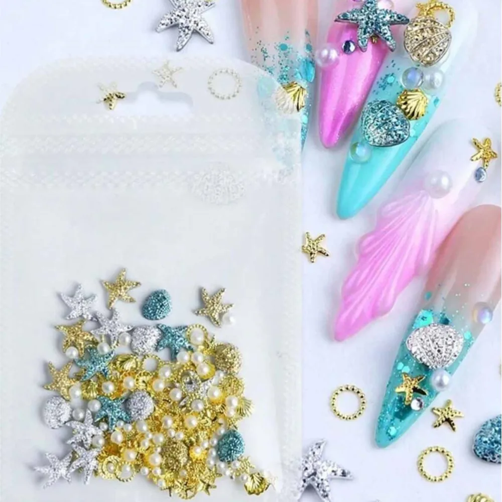 1Bag Summer Ocean Rivet Studs Nail Charms Starfish Sea Shells Metal Rivets Mixed Pearl Beads Nail Art Decoration DIY Women Salon