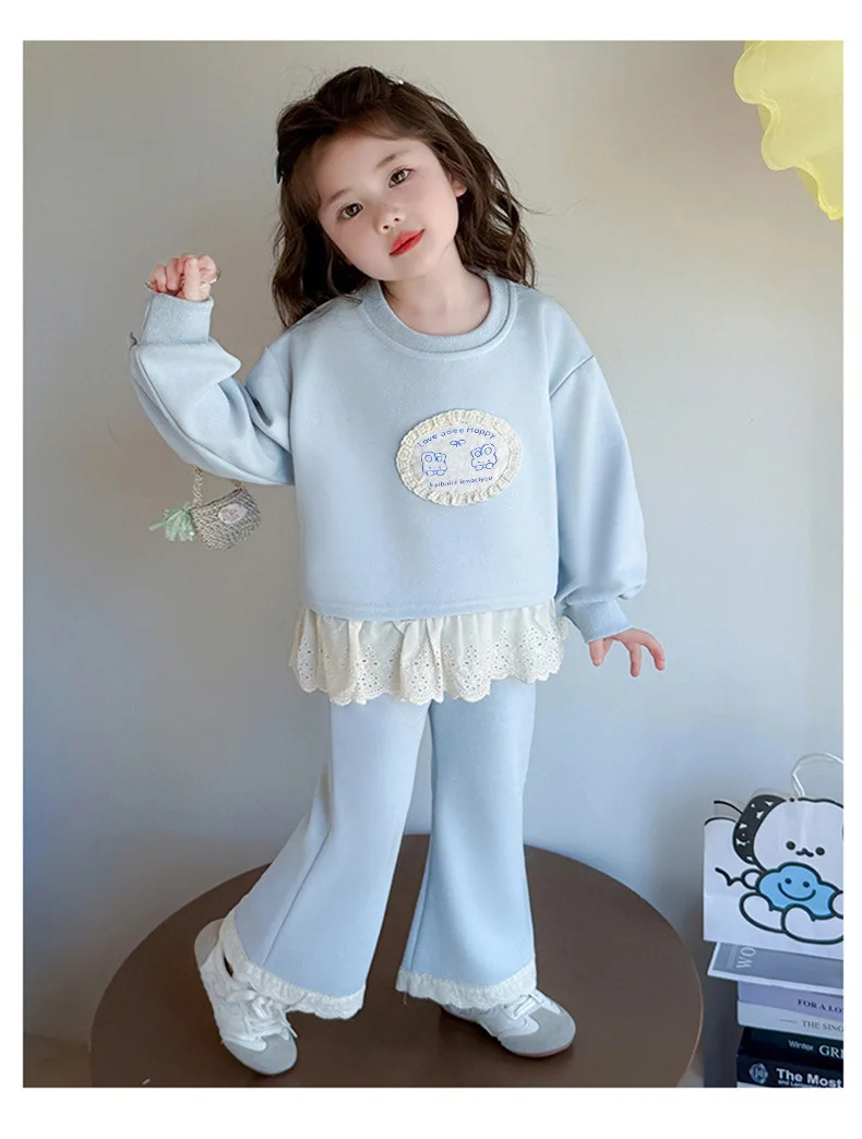 2026 Neues Herbst-Set für Mädchen, 2-teilig, Kinder-Sweatshirt mit süßem Muster, Spitze und Rüschensaum, Hosenanzug, lässiges Prinzessinnen-Outfit für Kinder, 0-10 Jahre – Detail 12