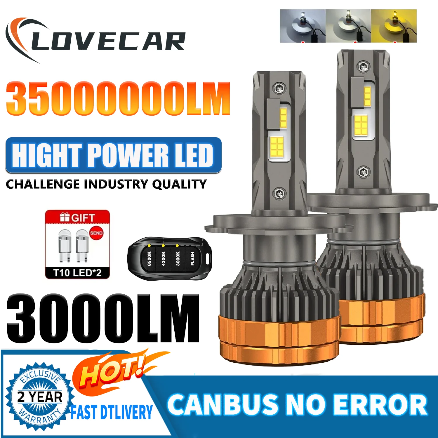 

LOVECAR H4 6500K/4300K/3000K Three Color LED Headlights High Power 3000W Auto for Fog Light with H7 H11 H1 9005 HB3 HB4 9006