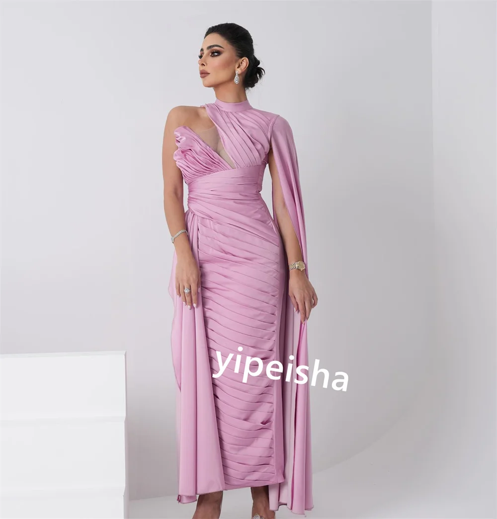 Customized  Evening Jersey Draped Engagement A-line High Collar Bespoke Occasion Gown Midi Dresses Saudi Arabia  