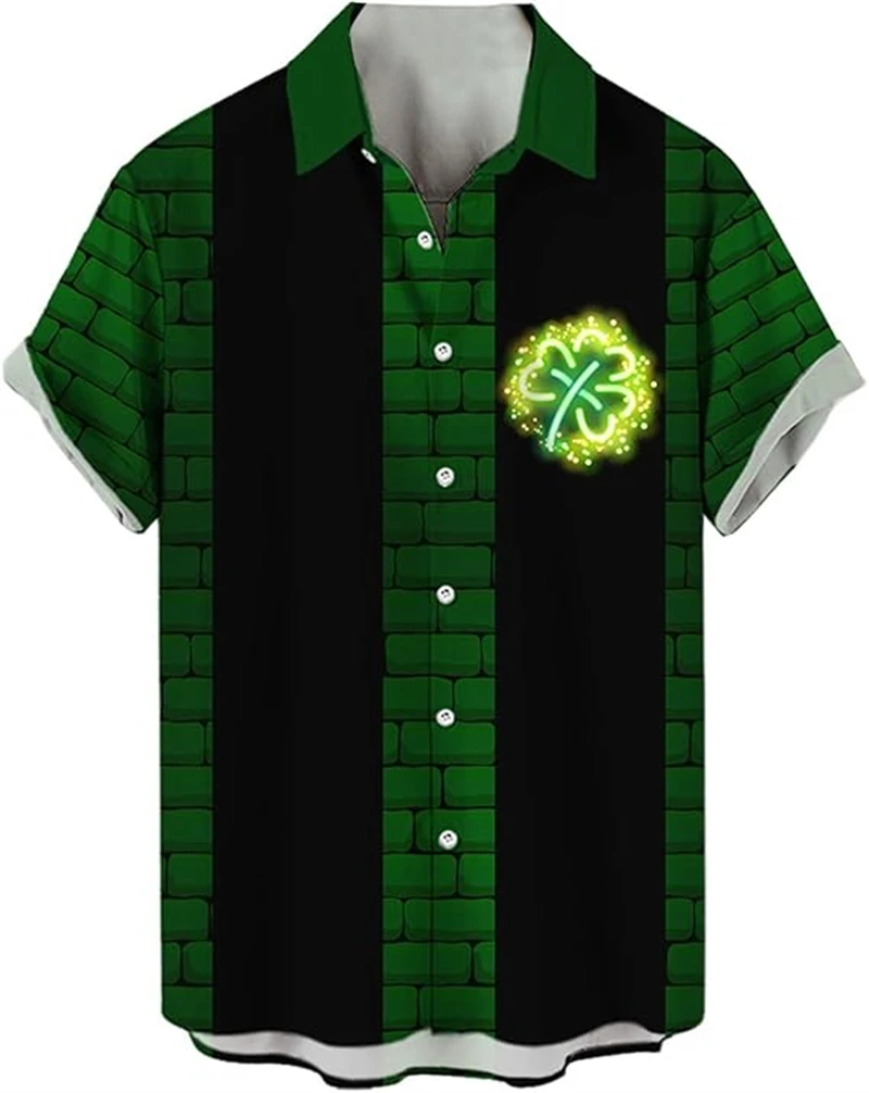 

St Patricks Day Men's Shirt 3d Print Green Clover Graphic Short Sleeve Button Down Shirts Casual Festival Shirt For Men Women