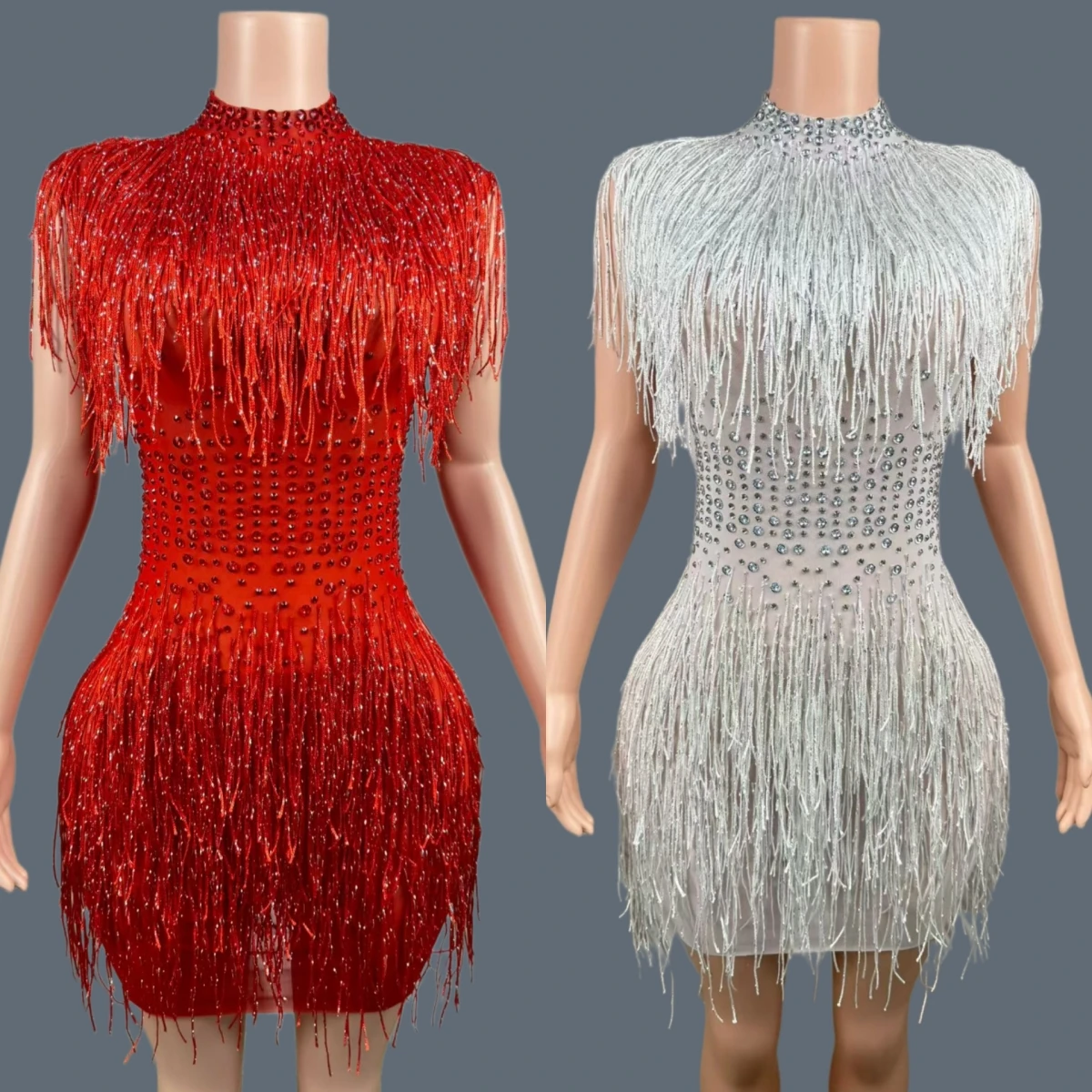 

Women Birthday Rhinestone Tassel Transparent Mini Dress Party Club Drag Queen Performer Wear Sexy Fancy Stage Sexy Outfit Xueren