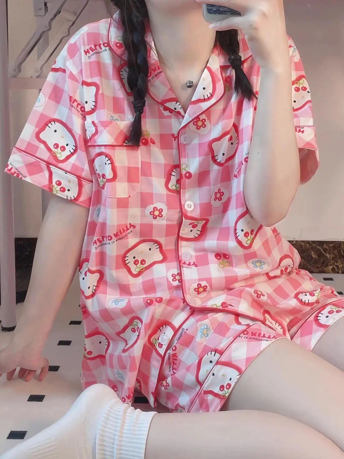 Sanrio Sweet Cute Pajama Hello Kitty Sleepwear Summer Short Sleeve Shorts Pyjama Cartoon Anime Pijama Student Homesuit New Style