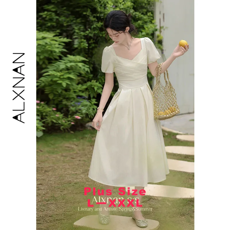 ALXNAN Plus Size Women's Long Dress Square Neck Puff Sleeve Elegant Casual Holiday Dresses Party Ladies Daily Clothing D03030