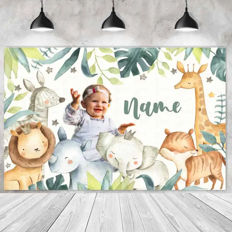 Watercolor Zoo Animals Party Backdrop Birthday Photography Baptism Christening Leaves Background For Children Photo Shoot Studio