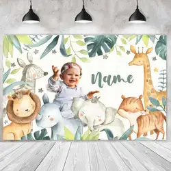 Watercolor Zoo Animals Party Backdrop Birthday Photography Baptism Christening Leaves Background For Children Photo Shoot Studio