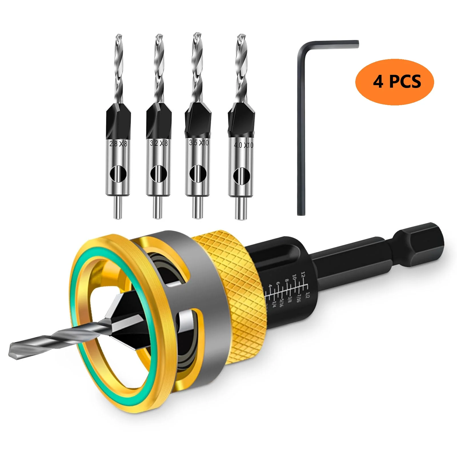 

Adjustable Depth Countersink Drill Bit Set 4 Pieces M2 High Speed Steel for Wood Metal and Decorative Materials