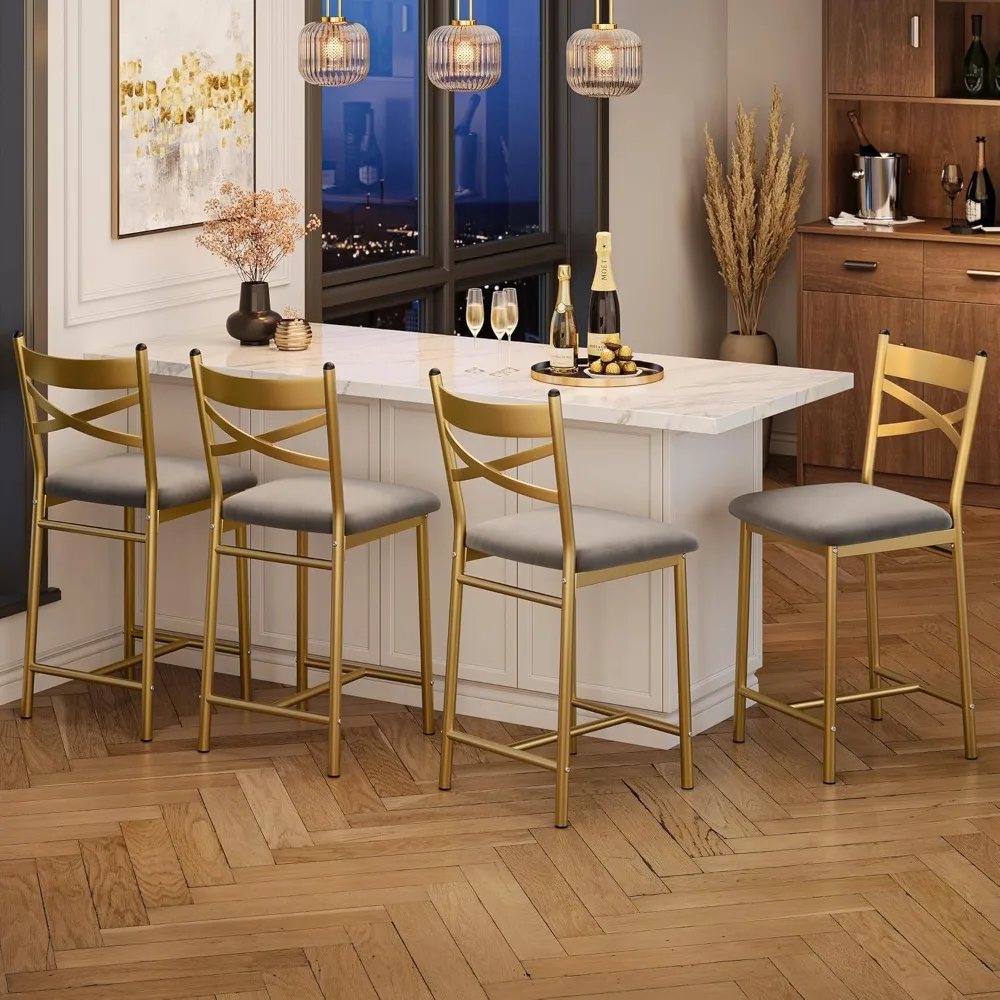 

Bar Stools Set of 4, Counter Height Bar Stools Metal Dining Chairs with X Back and Thick Cushion PU Leather Restaurant Dining R