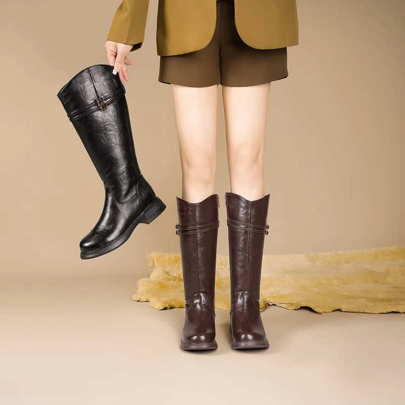 DIMANYU Winter Ladies Knee High Genuine Leather Boots Wool Side Zip Warm Anti-slip Women Riding Snow Boots 6