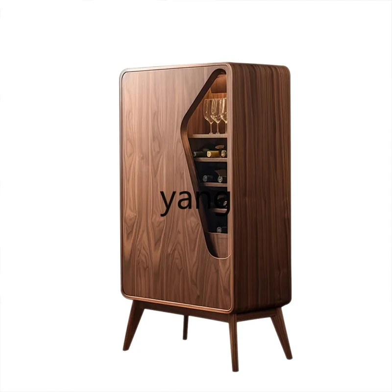 LXL Minimalist Solid Wood Wine Cabinet Walnut Color Single Door Glass Living Room Storage Organizer