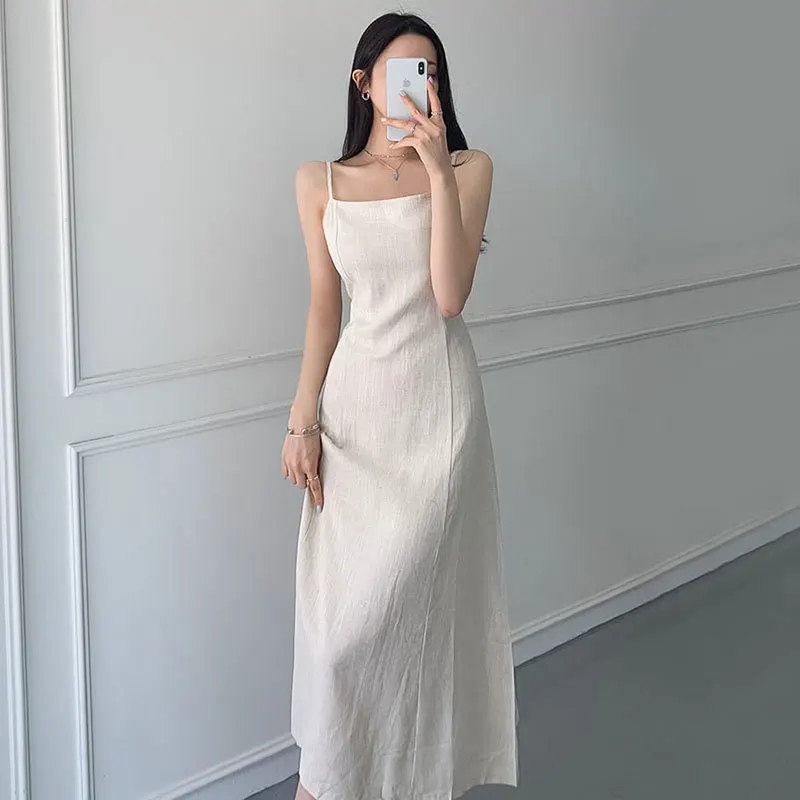 

Summer Korean Fashion Elegant Slim Fit Dress for Women Solid Cotton and Linen Square Neck Sleeveless Maxi Dresses for Women Y2k