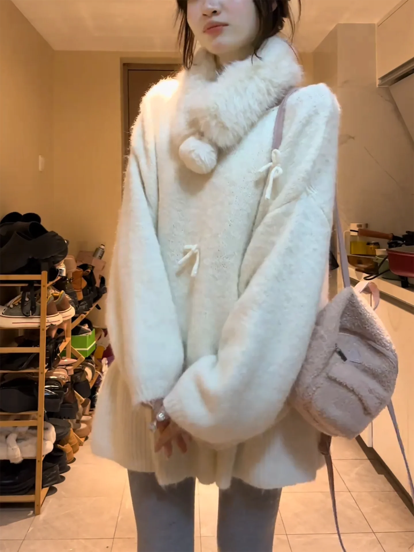 겨울 신상 여성 투피스 세트, 니트 스커트와 리본 퍼 칼라 탑, 캐주얼하고 따뜻한 의류...