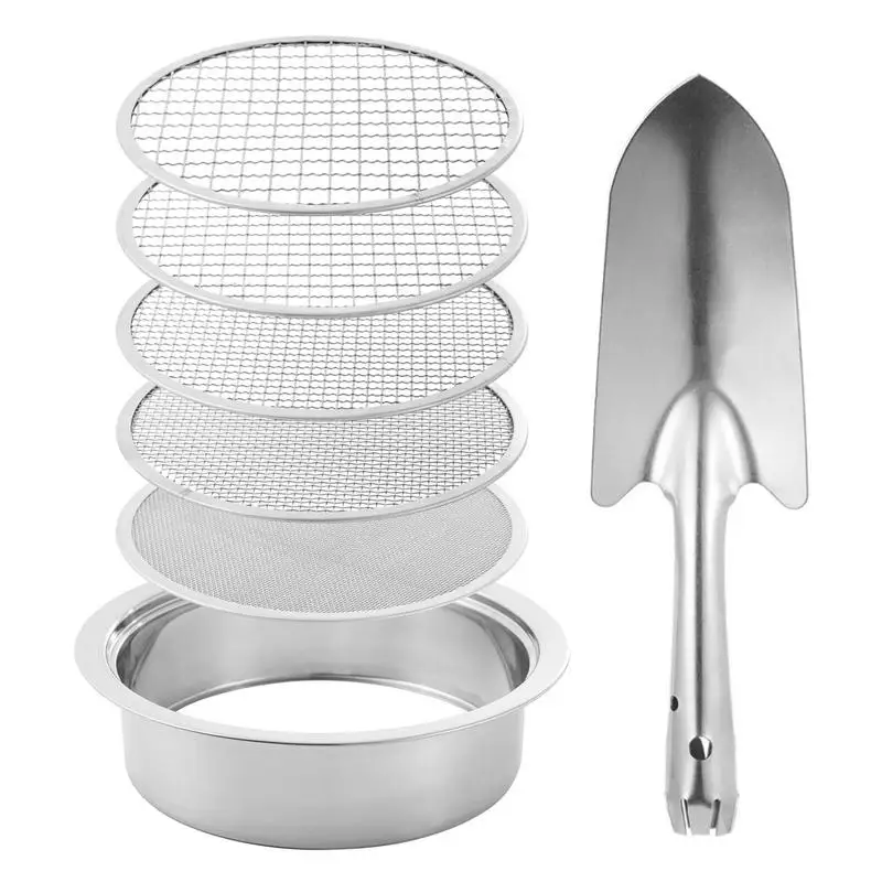 

Rock Sifter Stainless Steel Sand Sifter Garden Sieve With 5 Replaceable Mesh Screens 1/3/6/9/12mm Garden Potting Sieve With