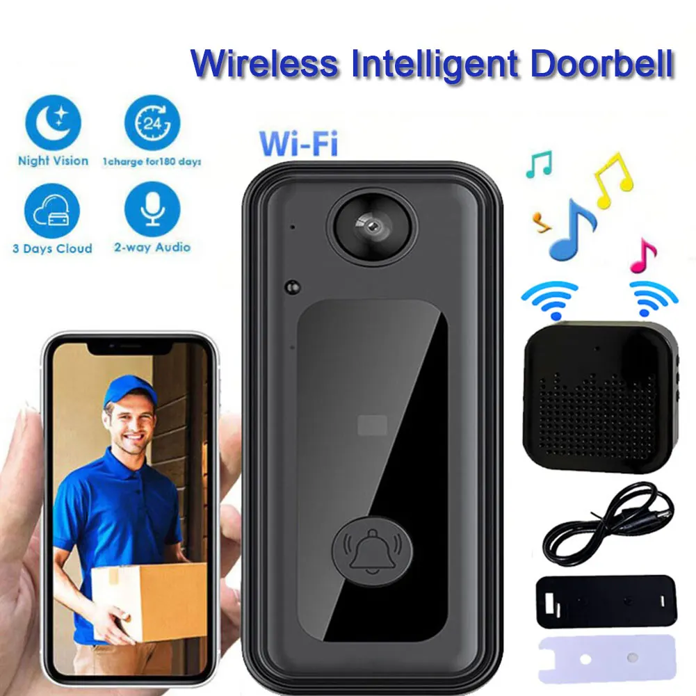 Wireless Phone Door Bell Two-Way Audio Smart Video Doorbell Security Doorbell Cloud Storage Battery Powered Home Security Camera