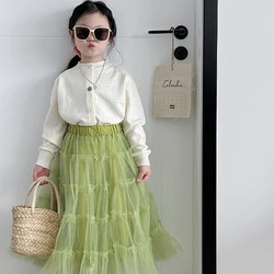 Girls Skirt 2024 Spring New Childrens Clothes Girls Baby Pure Color All-matching Pure Sweet and Lovely Mesh Half Long Skirt