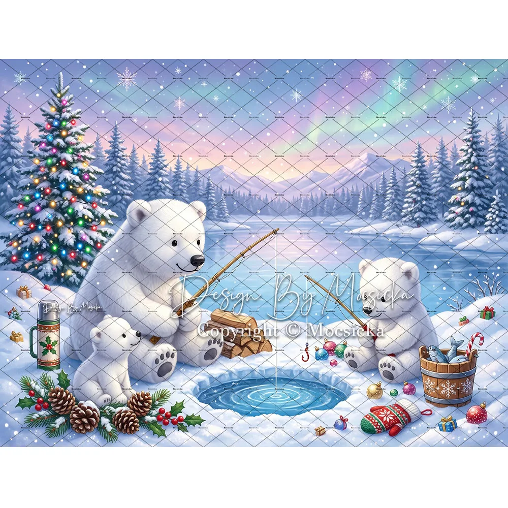 Mocsicka Christmas Baby Cake Smash Backdrop Photography Cute Polar Bear Frozen River Snowy Xmas Tree Background Kid Photo Studio