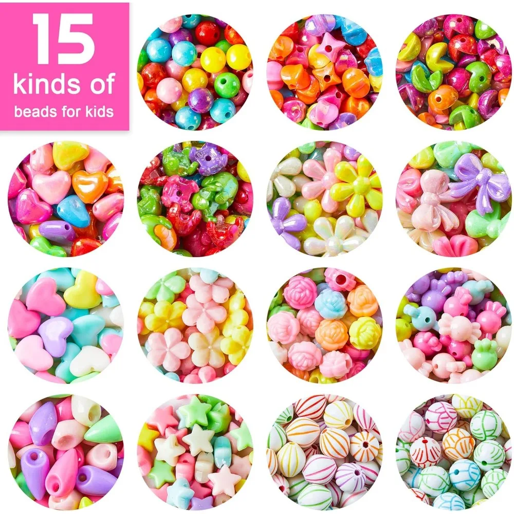 Beads for Kids Crafts, 1100 Jewelry Making Kit Includes Scissor, String, Instruction and Accessories for Bracelet Making, Toys f