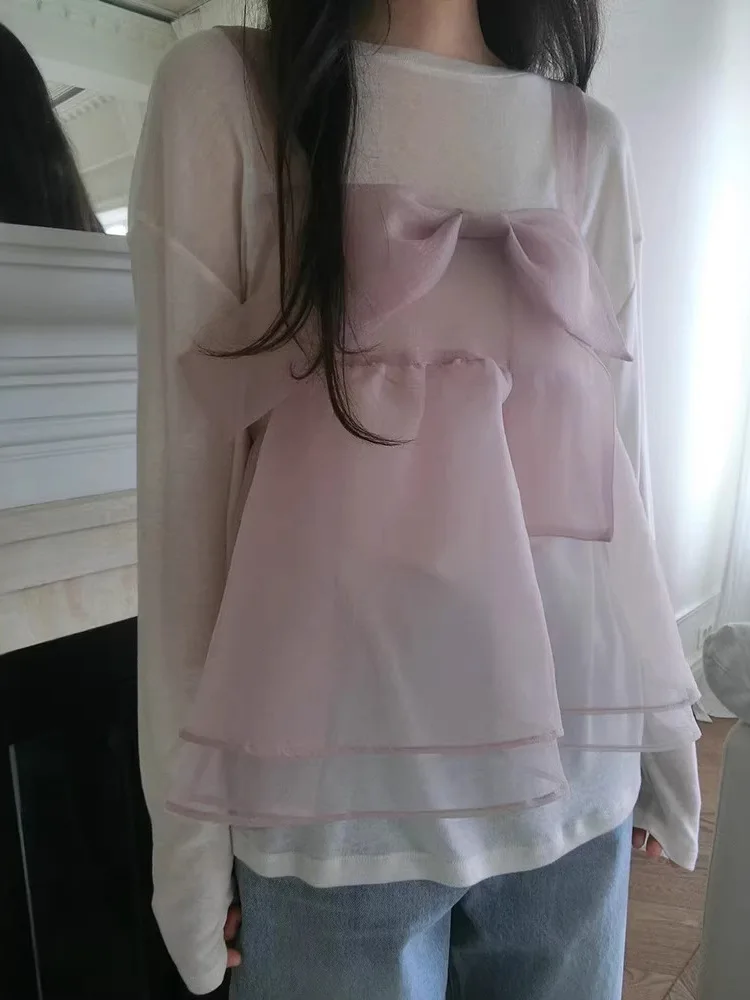 Spring Summer Women's Loose Slimming Overlap Strapless Korean Style Transparent Organza  Knot Lace Trim Vest