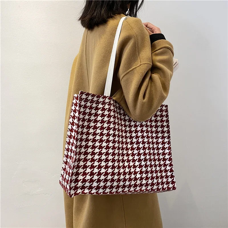 Big Tote Bag Women Bag Vintage High-capacity Shoulder Bags Houndstooth Hasp Soft Handbag Shopping Bag Korean Lady Handbag