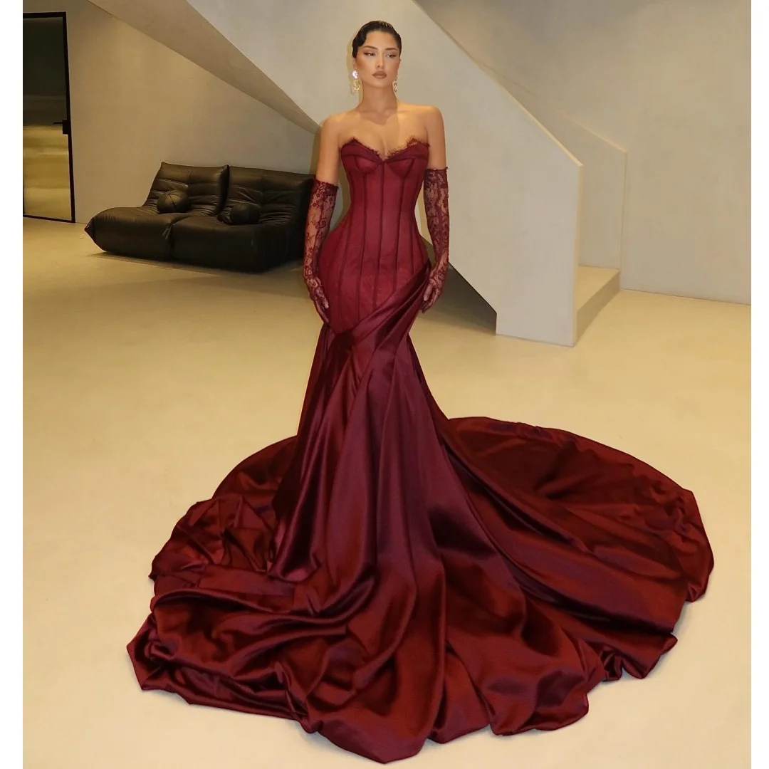 

Винно-красные вечерние платья Кружевной корсет Труба Свадебное платье Индивидуальное платье для выпускного со шлейфом Элегантное вечернее платье Vestidos