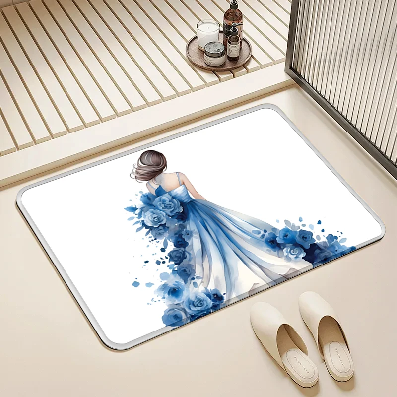 

Blue Dress Girl Flannel Doormat Non-Slip Absorbent Soft Floor Mat for Entryway Bathroom Kitchen Home Decor Durable