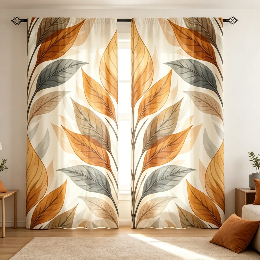 2PCS Digital Print Curtain, Symmetrical Autumn Leaves Pattern, Balanced Geometric Fall Style for Living Room Bedroom Decor
