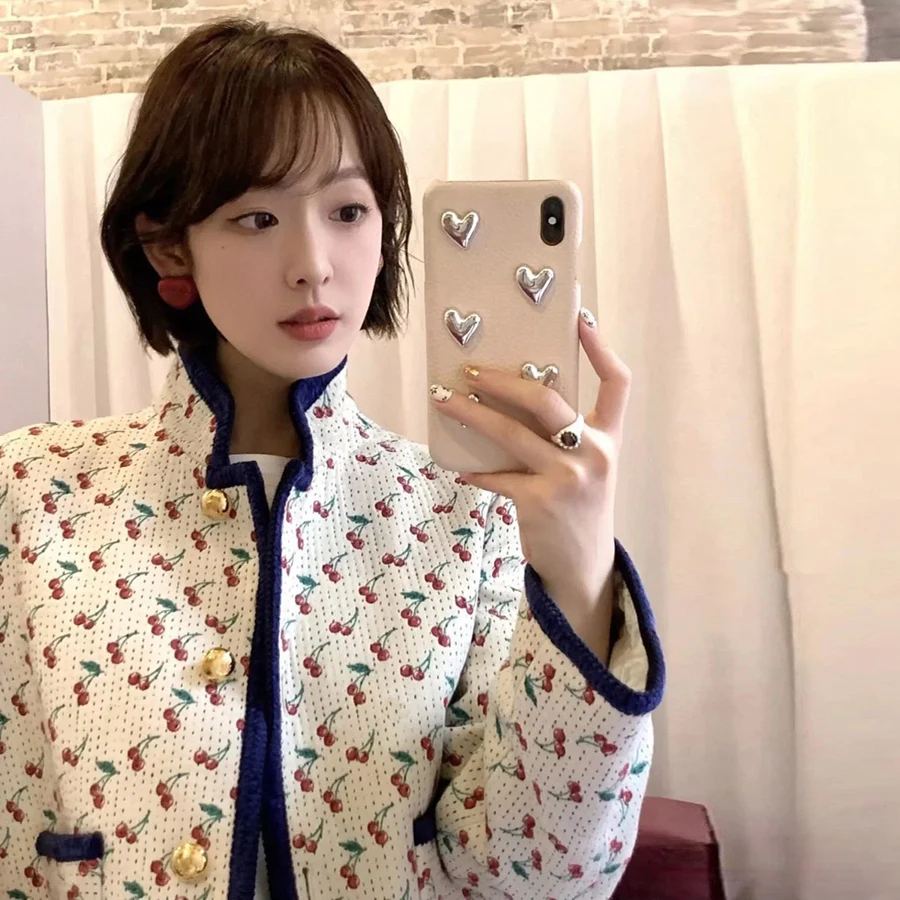 

Retro Roman Holiday Cherry Blossom Cotton Suit Jacket Elegant Miss Lady Fashion Set Long Sleeve Button up Autumn Winter Coat