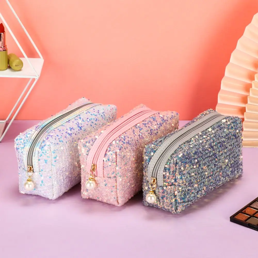 Women Sequin Glitter Cosmetic Bag Zipper Pouch Storage Makeup Bag Mermaid Color Girls Pen Bag 2024 Xmas New Year Gift