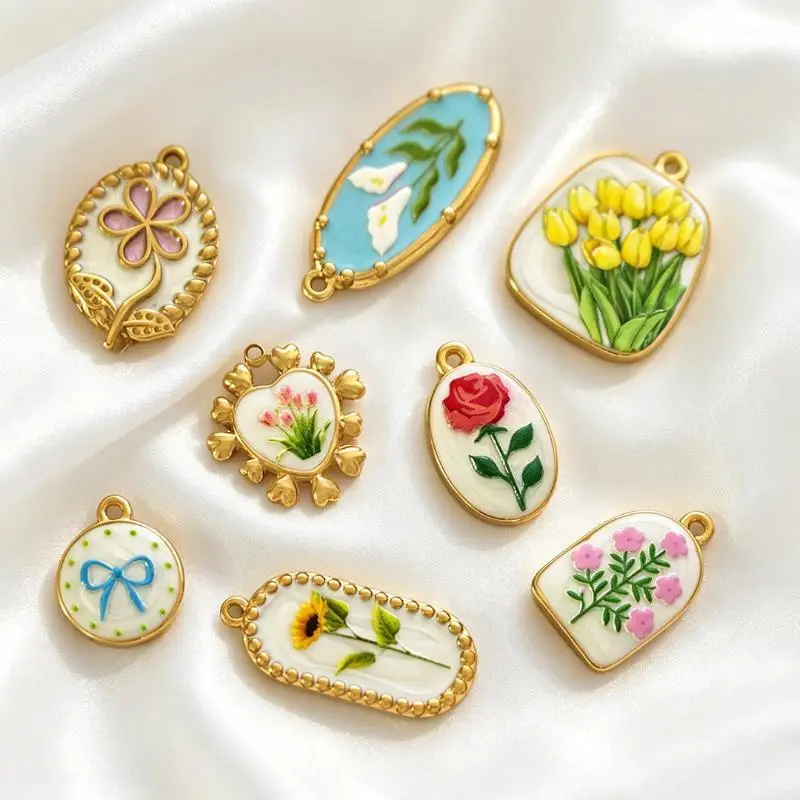 Blumen-Emaille-Anhänger, 5/8 Stück, kleine Größe, für DIY-Arbeiten, zum Basteln von Armbändern, Halsketten, Handybändern und Schmuck. – Detail 1