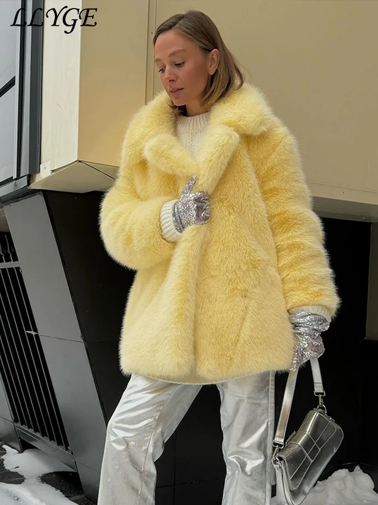 Elegant Faux Fur Coat Women Loose Fluffy Lapel Long Sleeve Female Furry Overcoat 2024 Winter Lady Thicken Yellow Street Outwear