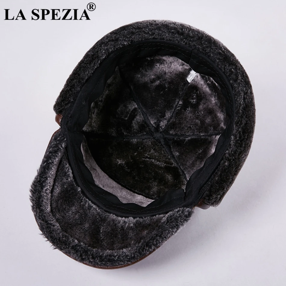 LA SPEZIA Winter Bomber Hat Men Russian Brown Leather Ushanka Cap With Ear Flaps Fur Warm Genuine Cow Leather Brand Baseball Cap