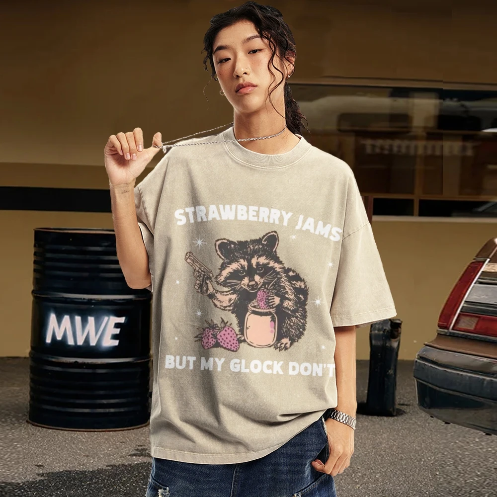 Cute Animal Print Washed Short Sleeves Plus Size T-shirt Overseas Exports European and American Harajuku Streetwear 15 Colors