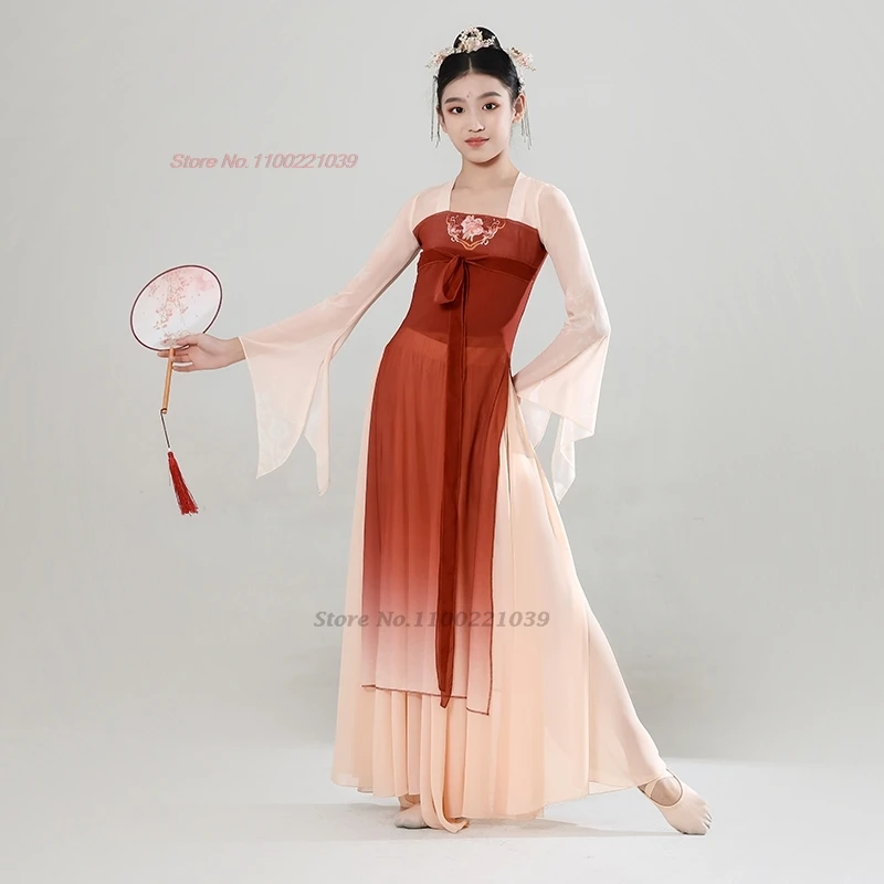 Traje de baile vintage para niños chinos 2025, tops hanfu de malla con estampado de flores tradicionales + conjunto de falda, vestido de baile puesta en escena