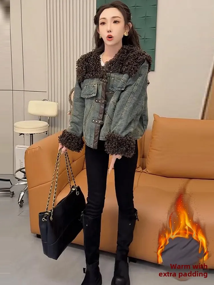 

Ретро-куртка в гонконгском стиле с флисовой подкладкой, утепленная, повседневная, из денима, женская, зимняя, теплая, хлопковая, с цветными блоками