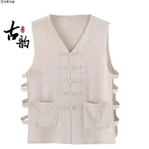 Men's Summer Linen Tank Top Beijing Style Sleeveless Vest Button Design Casual Loose Fit Vintage Single Color Mid-Year Collec...