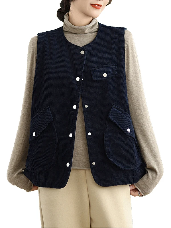 レトロコーデュロイベスト 大きいサイズ レディース ラウンドネックセーター ビッグケッツカラー 秋の新作 ファッション 通勤