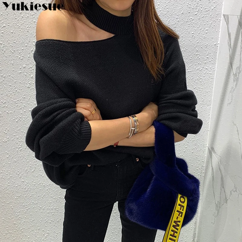 Korean chic temperament Elegant Design thickening Sweater Sexy hollow open one shoulder Turtleneck pullover loose sweater