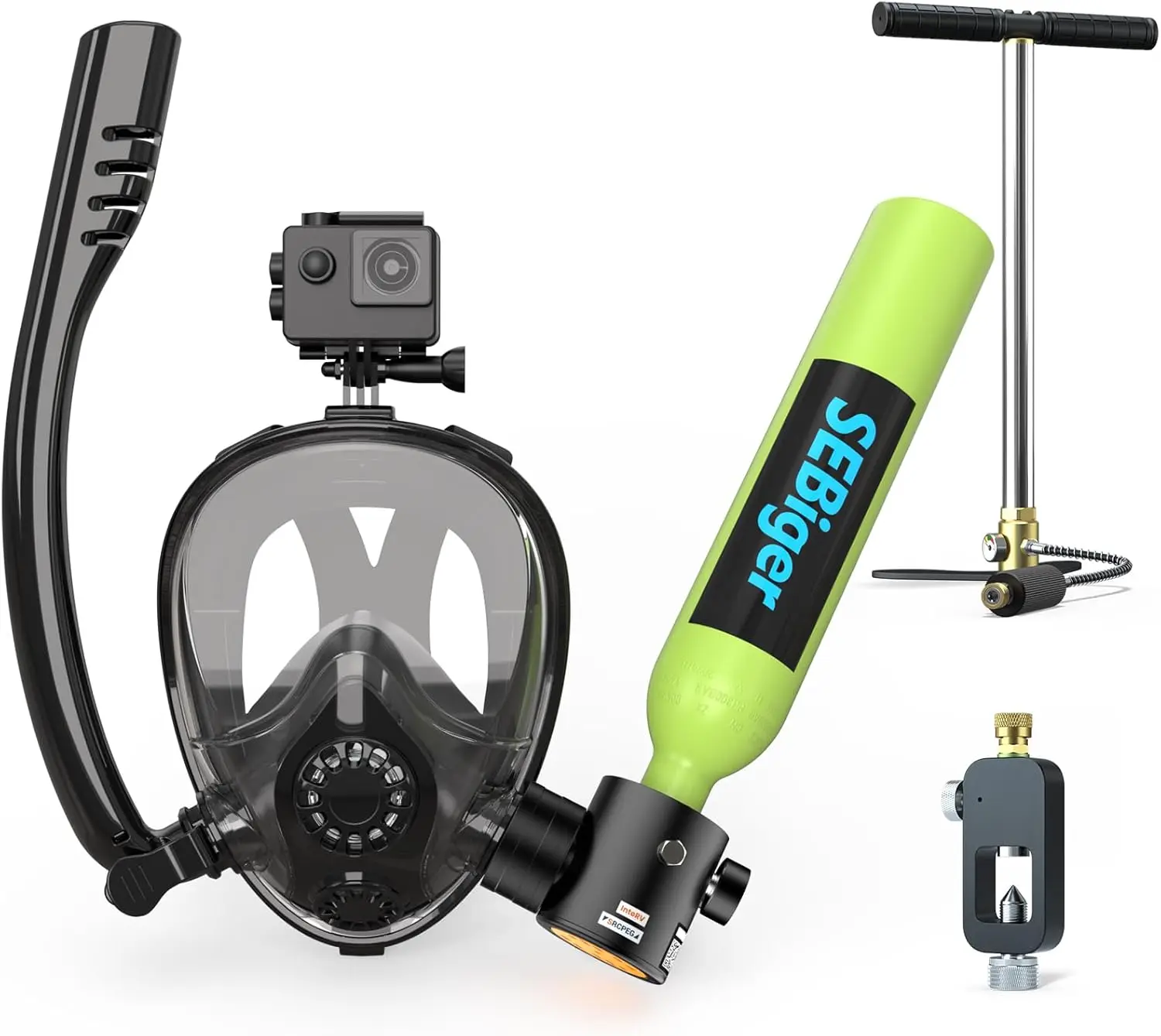 AliExpress – Mini Scuba Tank 0.5L with Full-Face Snorkel Mask, DOT-Certified for Underwater Breathing Support – Ideal Snorkeling Set