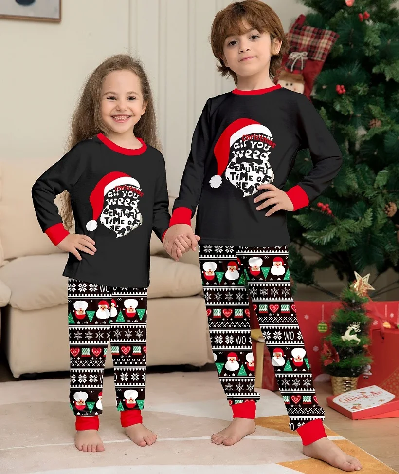 2025 Xmas Family Matching Pajamas Santa Claus Hat Letter Printed Adult Kid Baby Family Matching Outfits Christmas Family Pj\'s