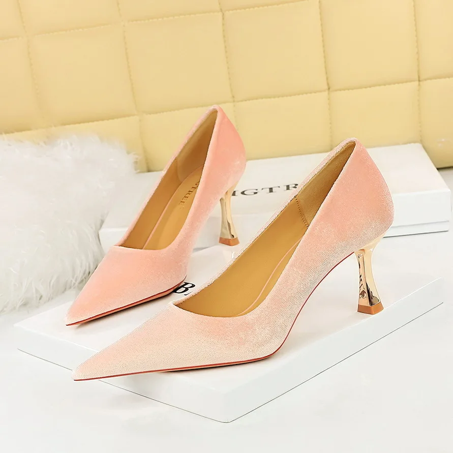 

Fashion Banquet Metal High Heels Xishi Suede Shallow Mouth Pointed Single Wedding Shoes Women Pumps туфли женские женская обувь