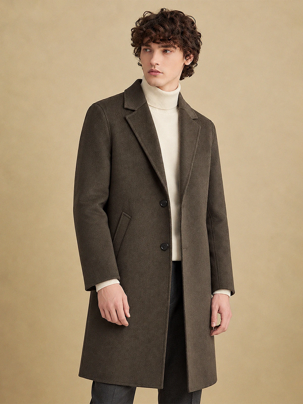 Men's Brown Double Faced 65% Wool Coat – Mid Length Lapel Business Overcoat, Vintage Gentleman Winter Jacket