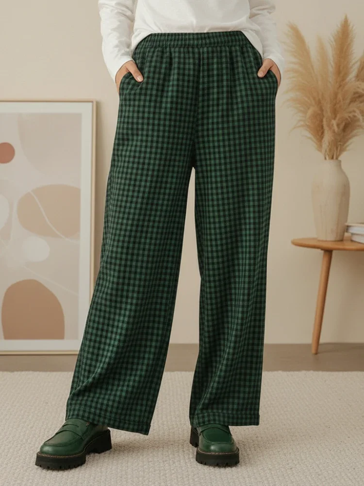 ZANZEA Women Wide Leg Pants Vintage Gingham Elastic Waist Casual Loose Checked Ankle-Length Trousers Everyday Wear Woman Clothes
