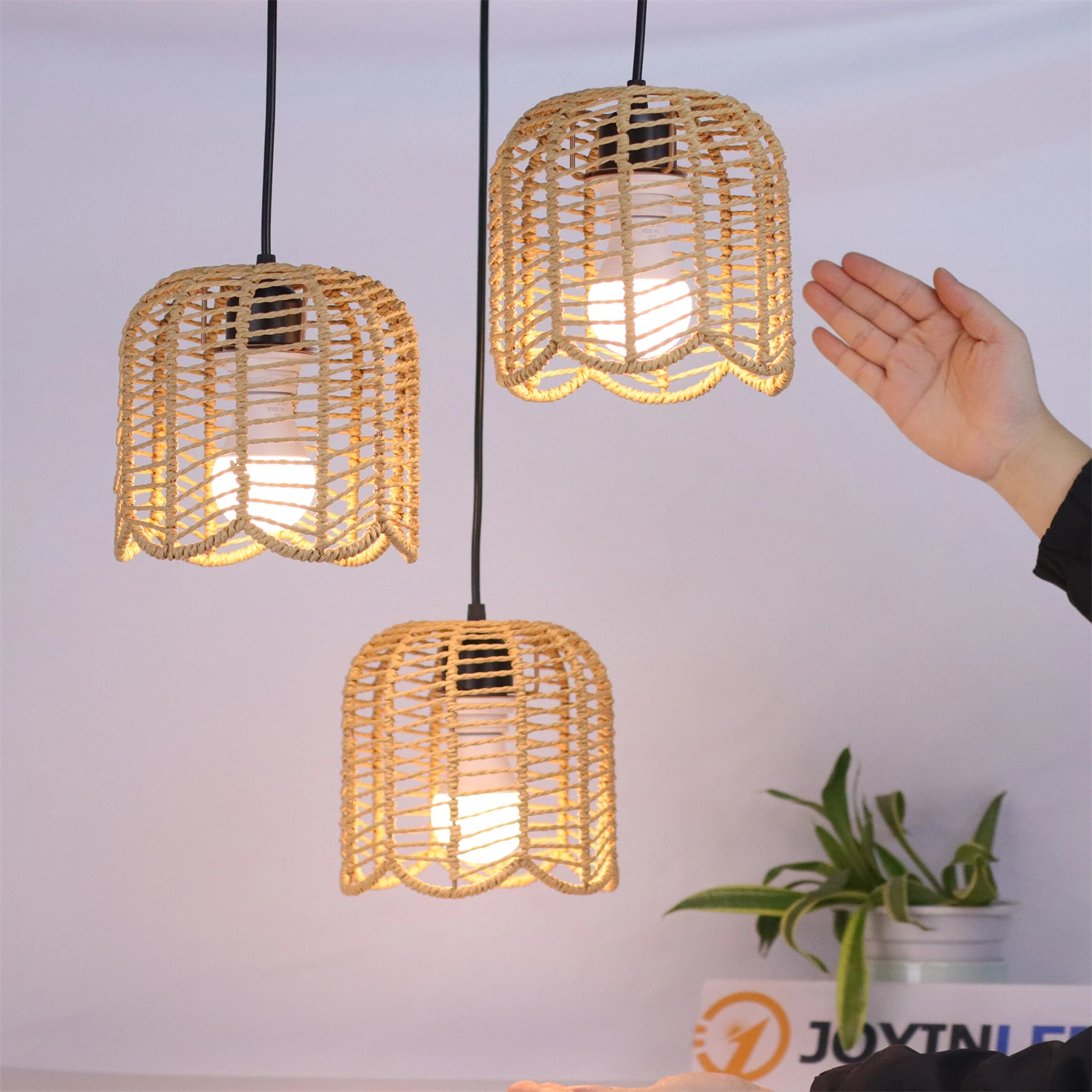 JOYINLED Paper Rope Chandelier Vintage Farmhouse E27 Hand Woven Paper Rope Hanging Lamp Retro Wicker Pendant Lamp Fixture Decor