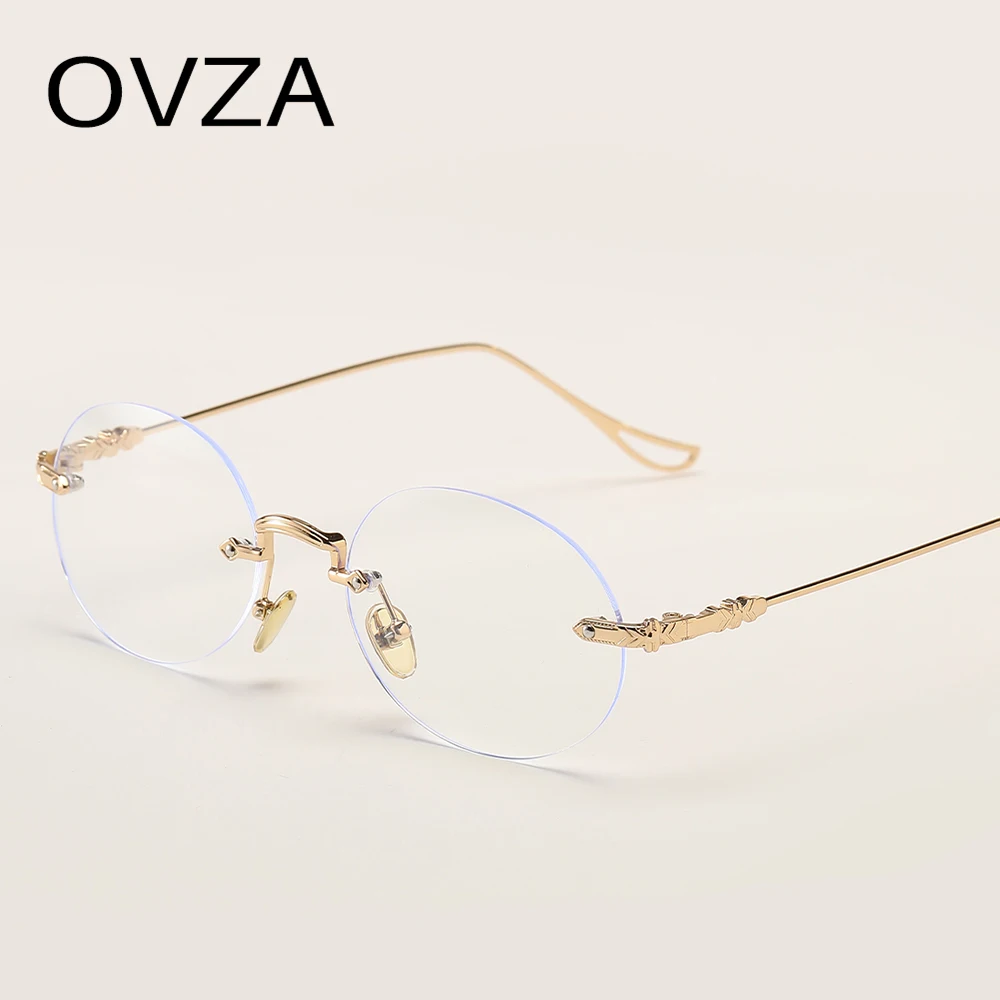 OVZA Oval Glasses Anti Light Blue Women Brand Designer Rimless Eyeglasses Men S020