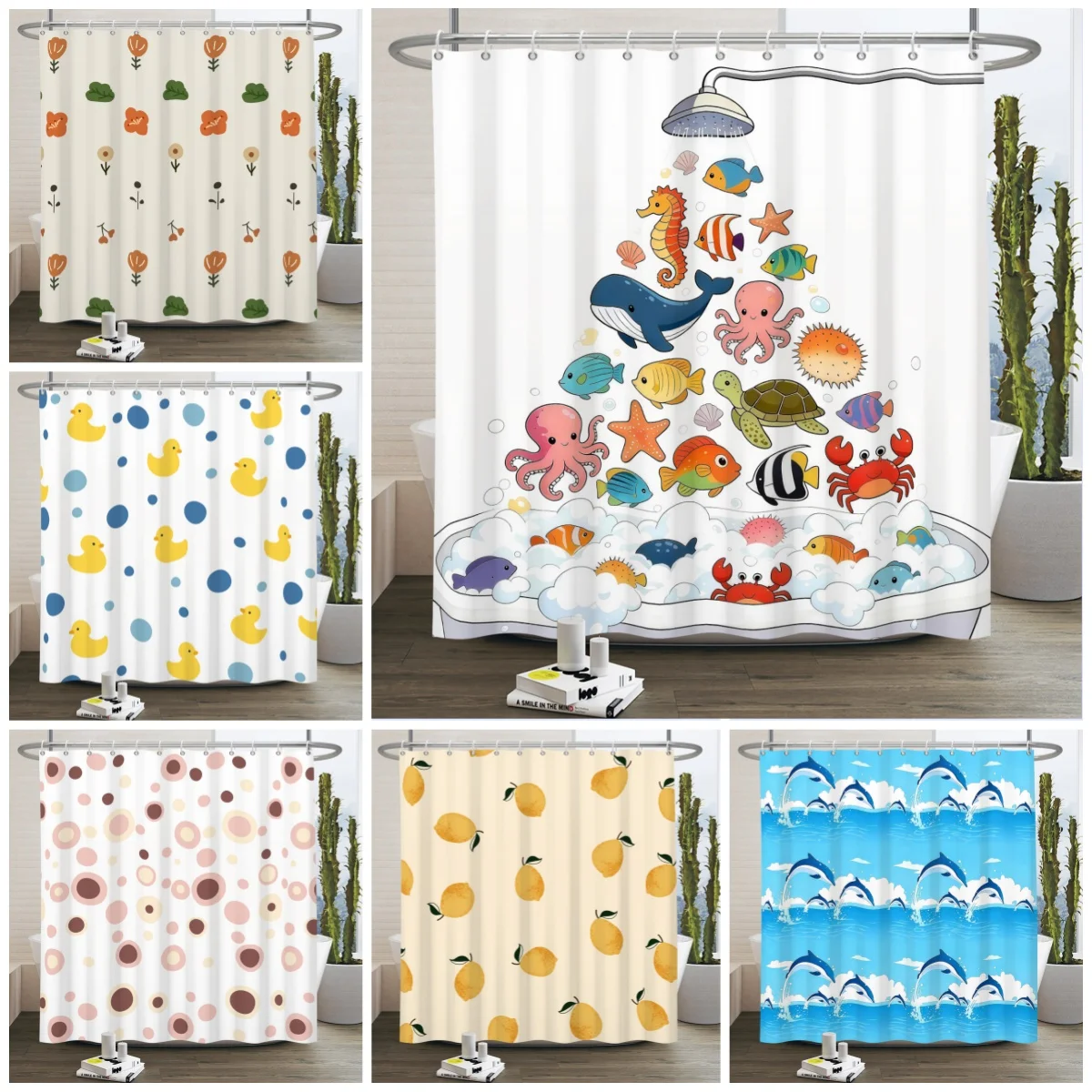 

Cartoon Kids Shower Curtains Cute Ocean Fish Turtle Whale Octopus Waterproof Fabric Bathtub Bathroom Curtain Decor with Hooks