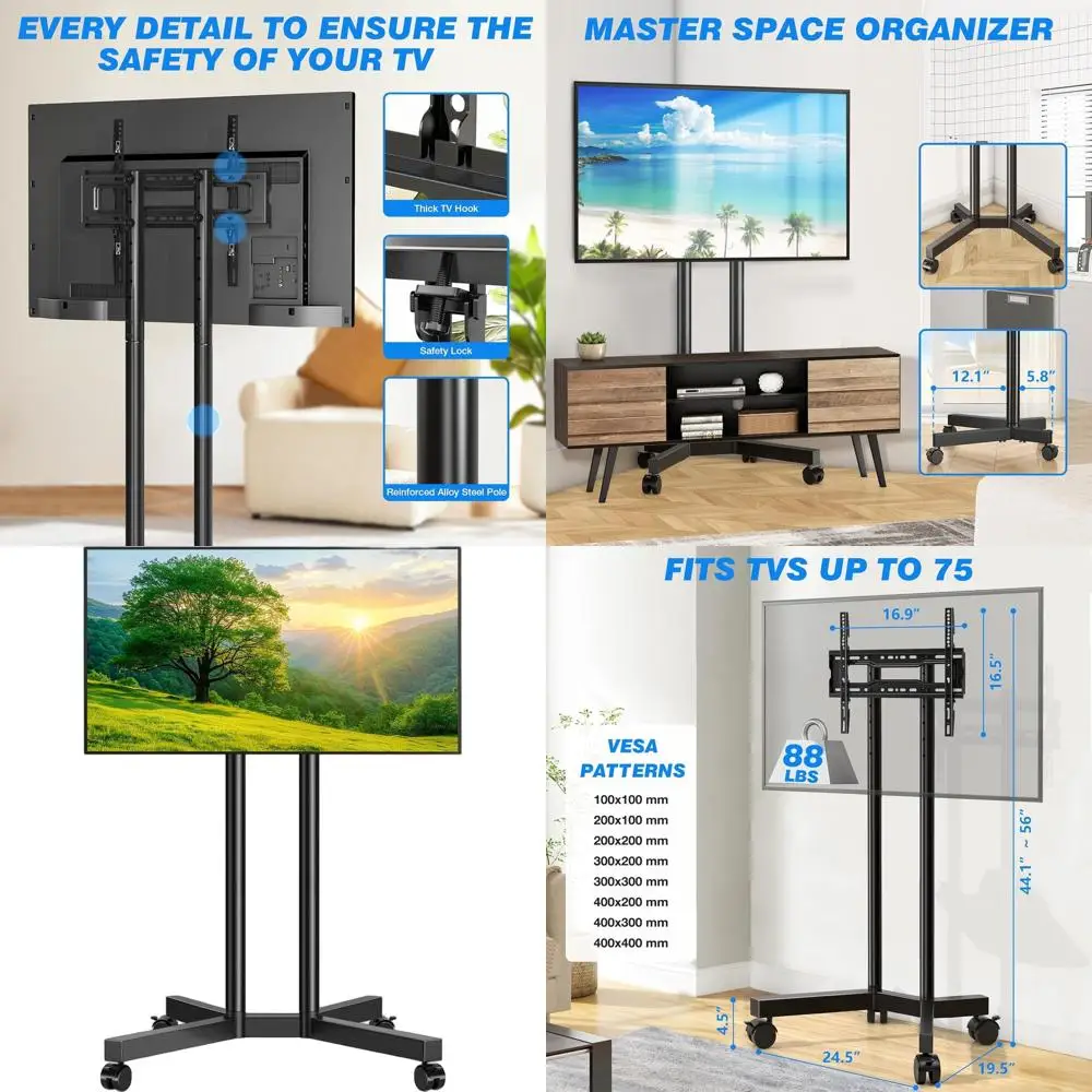 

Height-Adjustable Mobile TV Stand for 32-70 Inch TVs, Portable Cart with Upgraded Wheels for Home and Office