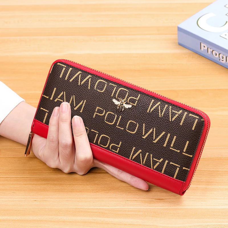 Heißer Verkauf Damen-Geldbörse mit großem Fassungsvermögen und mehreren Kartenfächern und langem Reißverschluss, schlicht, schwarz, rot, Einkaufsmode mit Buchstabendekoration