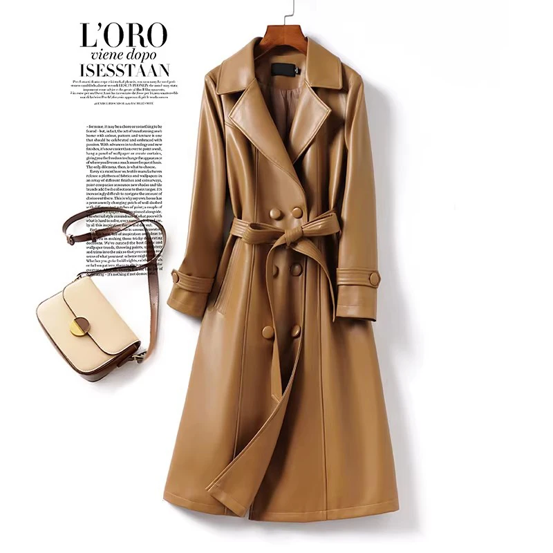 New Women Spring Autumn Split Leather Trench Coat Fashion Turn-down Collar Double Breasted Slim Coat Simplicity Casual Long Coat